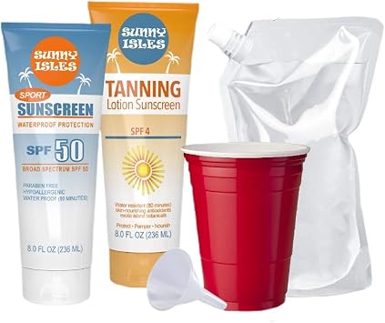Hidden Flask - Sunscreen and Tanning Lotion Set - Includes 2 8oz Tubes, Funnel, 10 Seals, and 1 Free 32oz Cruise Flask Sunscreen and Tanning Lotion Set