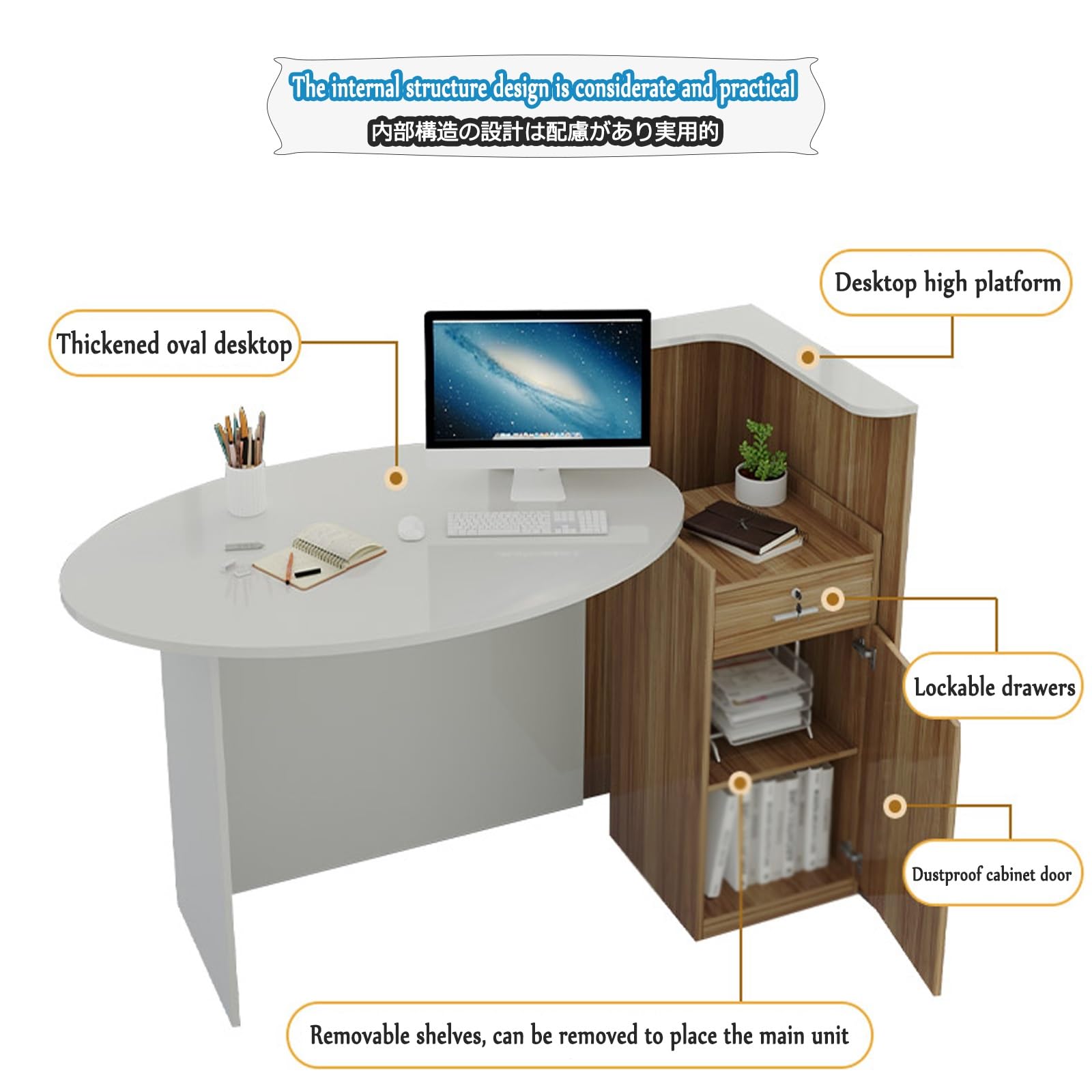 Rezeptionstisch，Modern HöLzerne Kassentheke，Ovaler Schreibtisch, Weich Und Schön, Abschließbare Schubladen, Sicherere Aufbewahrung, Stabil Und Langlebig(White,Left_120CM)