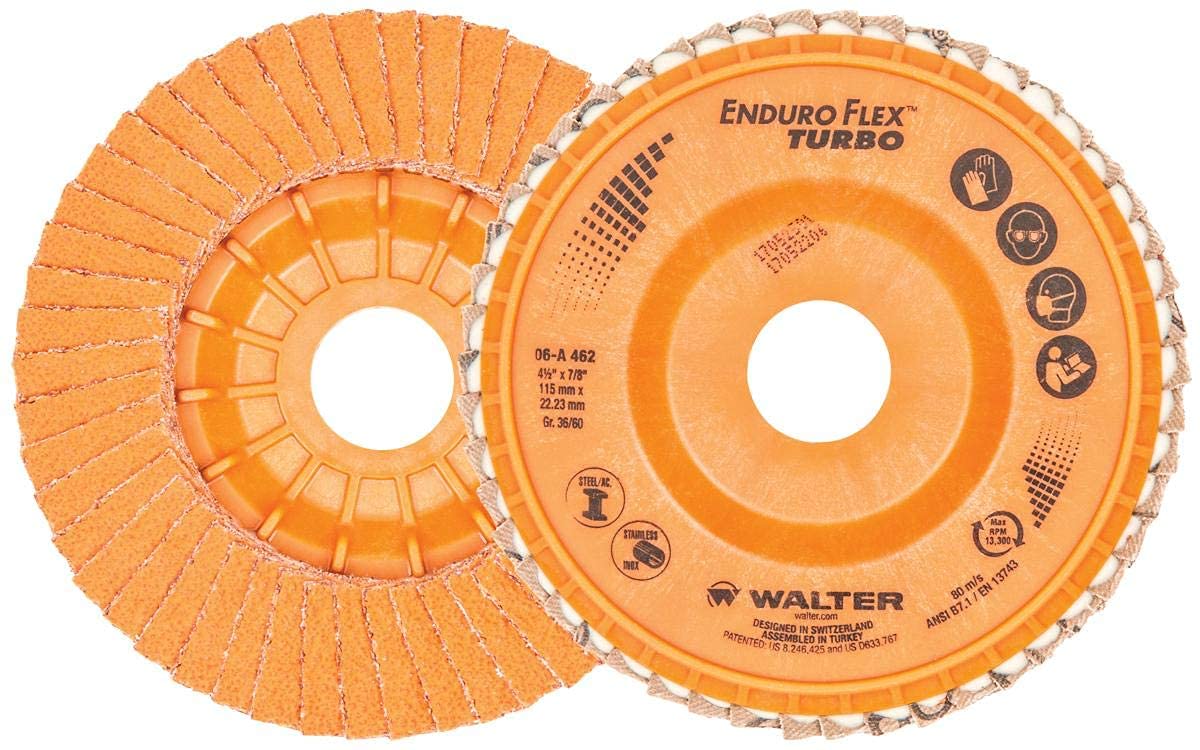 Walter Surface Technologies 06A462 Enduro-Flex Turbo Abrasive Flap Discs, Type 29, 7/8" Arbor, Plastic Backing, Ceramic Blend, 4-1/2" Diameter Grit 36/60 (Pack of 10)