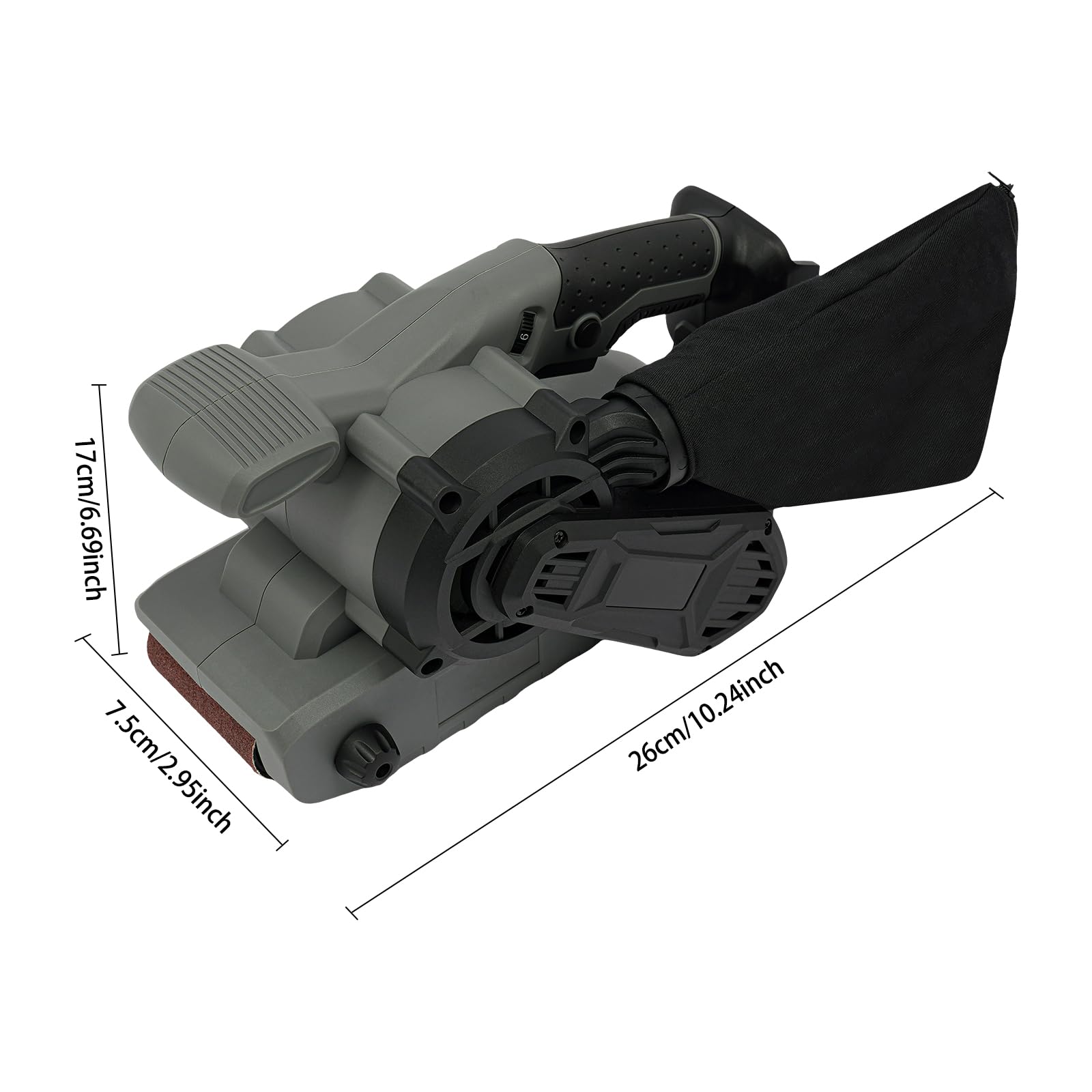 Lijadora de banda, 1200 W, sin escobillas, 6 niveles, 76 x 533 mm, para madera y metal | 180-300 m/min, bolsa para el polvo, asas ergonómicas, ABS resistente, para pulir y eliminar el óxido