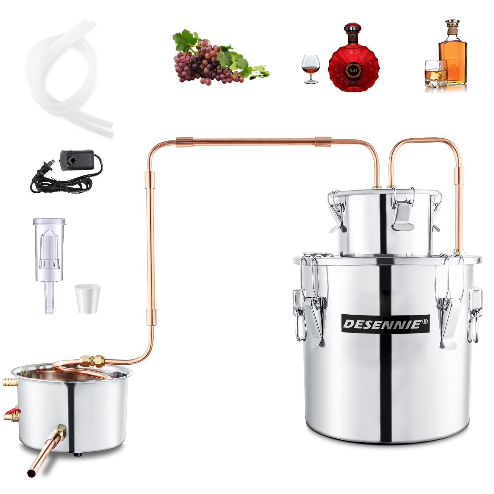 Shine Still Alcohol Distiller 5 Gallon Upgraded Copper Tube with Stainless Steel Pot Thumper Keg Thermometer Water Pump Home Brewing Kit for Wine Making Whisky Brandy Vodka