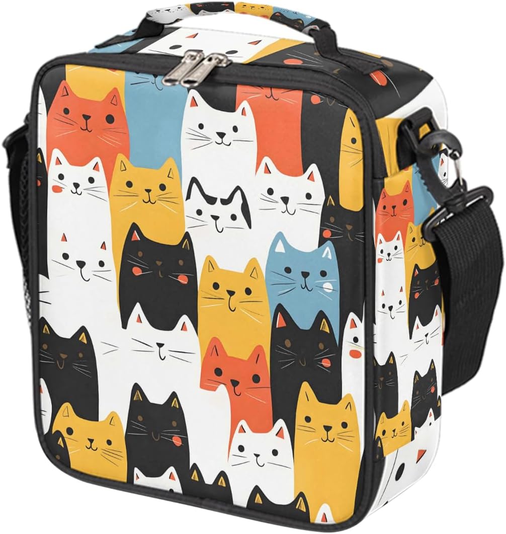Pardick Cute Cat Kitten Kids Lunch Box for Girls Boys Reusable Insulated Lunch Bag for Kids Toddler Thermal Cooler Spacious Lunchbox with Shoulder Strap Lunchbag for School Work Picnic