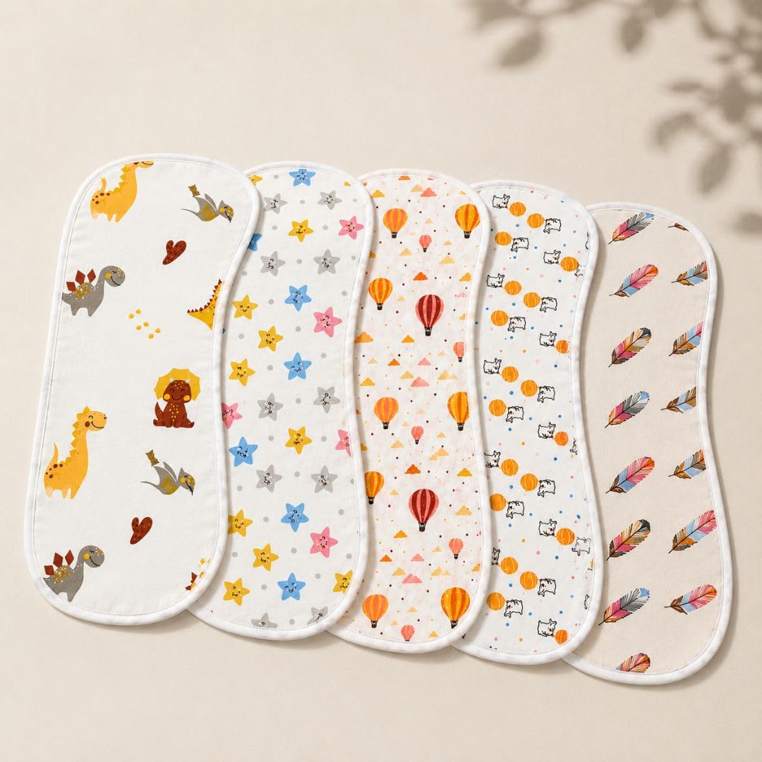 ZIKKU Cozy Cotton Baby Burp Cloths 100% Cotton Muslin Baby Burp Cloth | Ultra Soft & Highly Absorbent Cloth for Newborn Babies | Boys & Girls (5, Playfull Print)-image-3