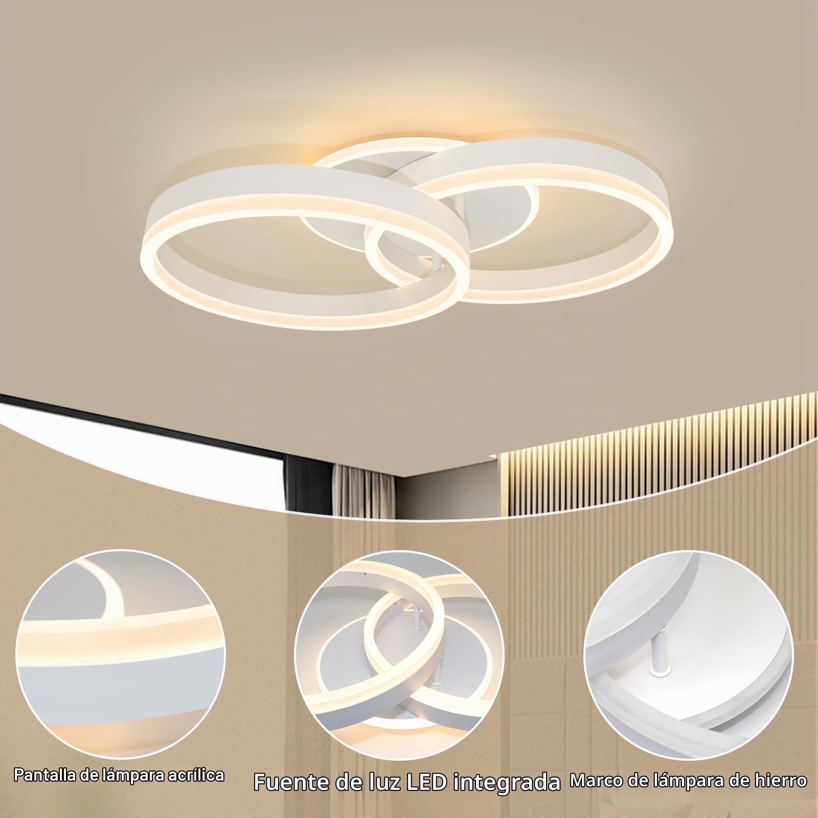 Plafón LED Moderno 2 Anillos 36W 3000K Luz Cálida, Sin Parpadeo, Material Acrílico, Iluminación para Salón, Dormitorio, Oficina, Ahorro de Energía 50CM