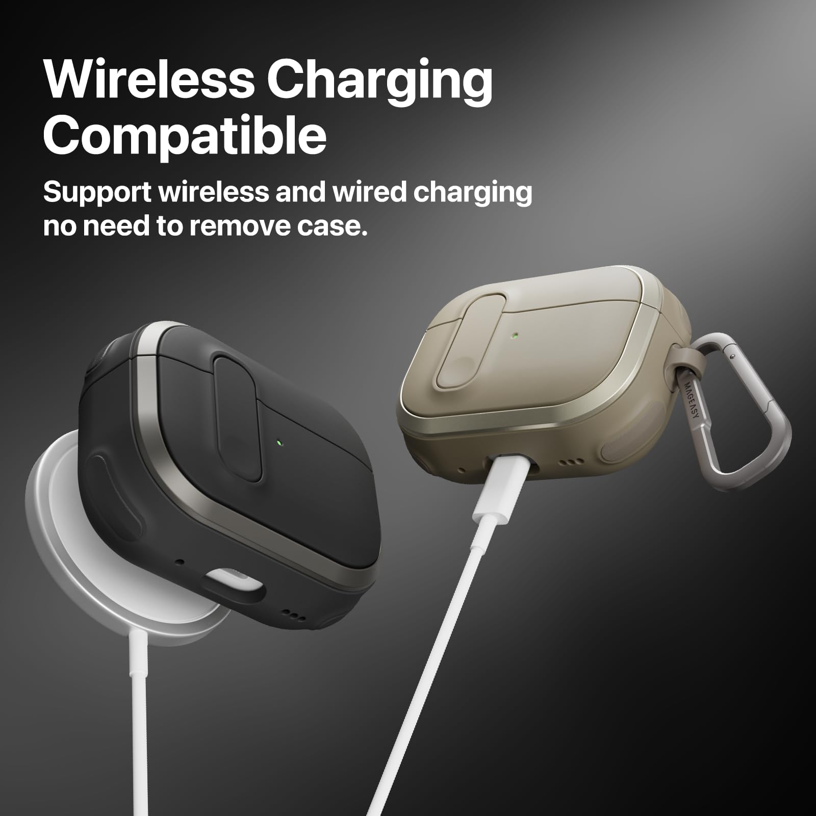 MAGEASY Odyssey - Custodia per AirPods Pro 2, con chiusura di sicurezza, clip a moschettone e cinturino da polso, per viaggi (metallo blu grigio)