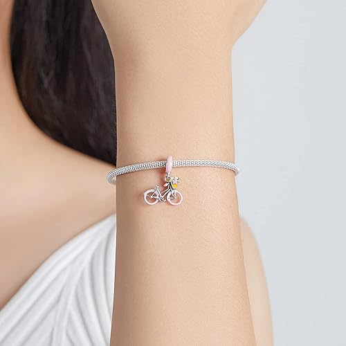Miniatura 5 de Dijes para bebé niño de plata de ley 925 original con cuentas colgantes para pulsera Pandora (flor rosa para bicicleta), Plata esterlina, plateado