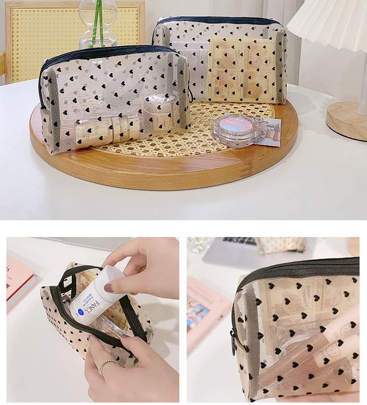3 Pieces Heart Print Mesh Makeup Bags Sets Zipper Cosmetic Bag for Women Girls Toiletry Pouch Storage Organizer Bags Portable Travel Pouch Beige Home Office Smiley flower pendant4