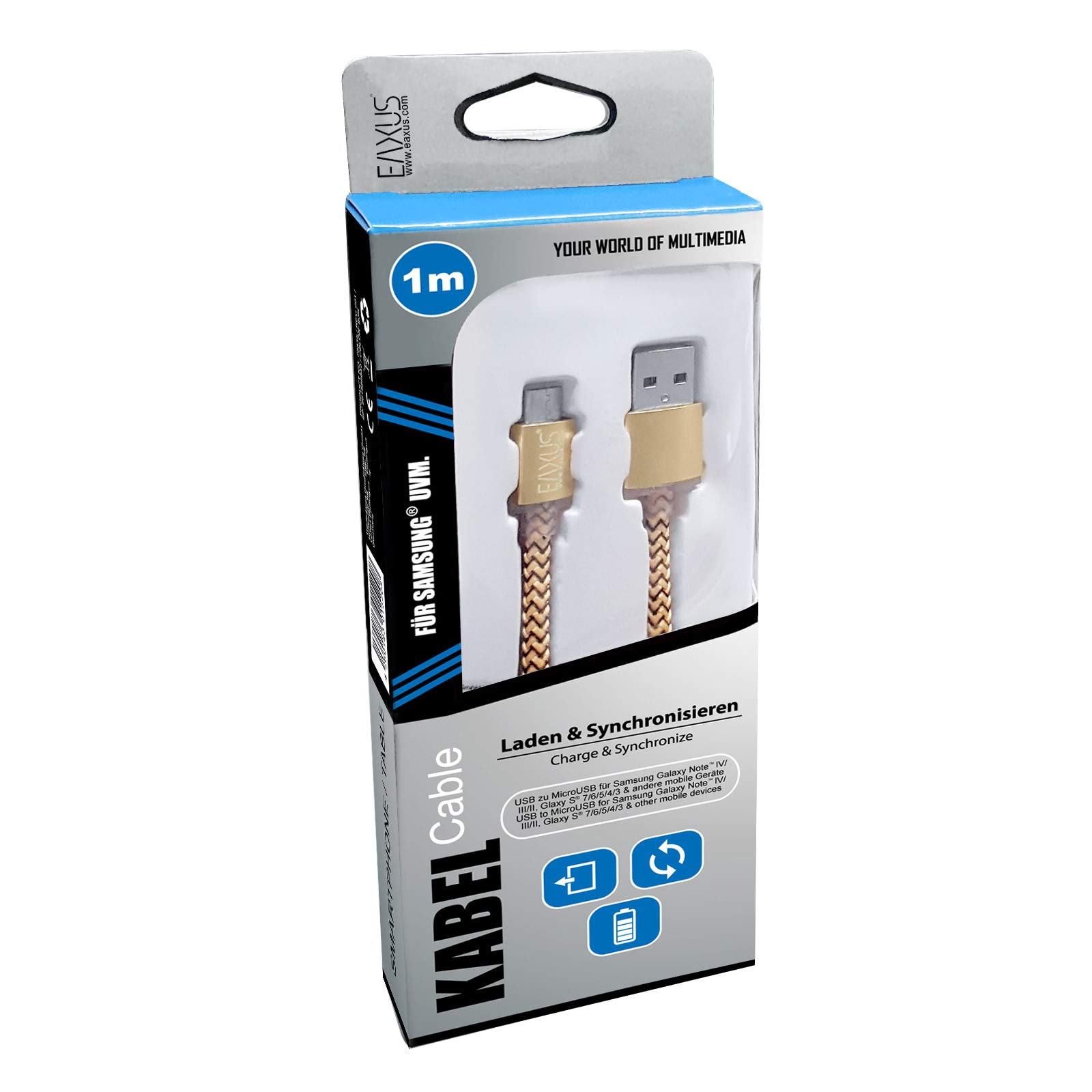 Eaxus Cavo Di Ricarica E Dati Micro USB - USB-A, Intrecciato In Nylon, 1 Metro, Colore Oro, Connettori In Alluminio, Per Samsung, HTC, Sony E Altri - 3