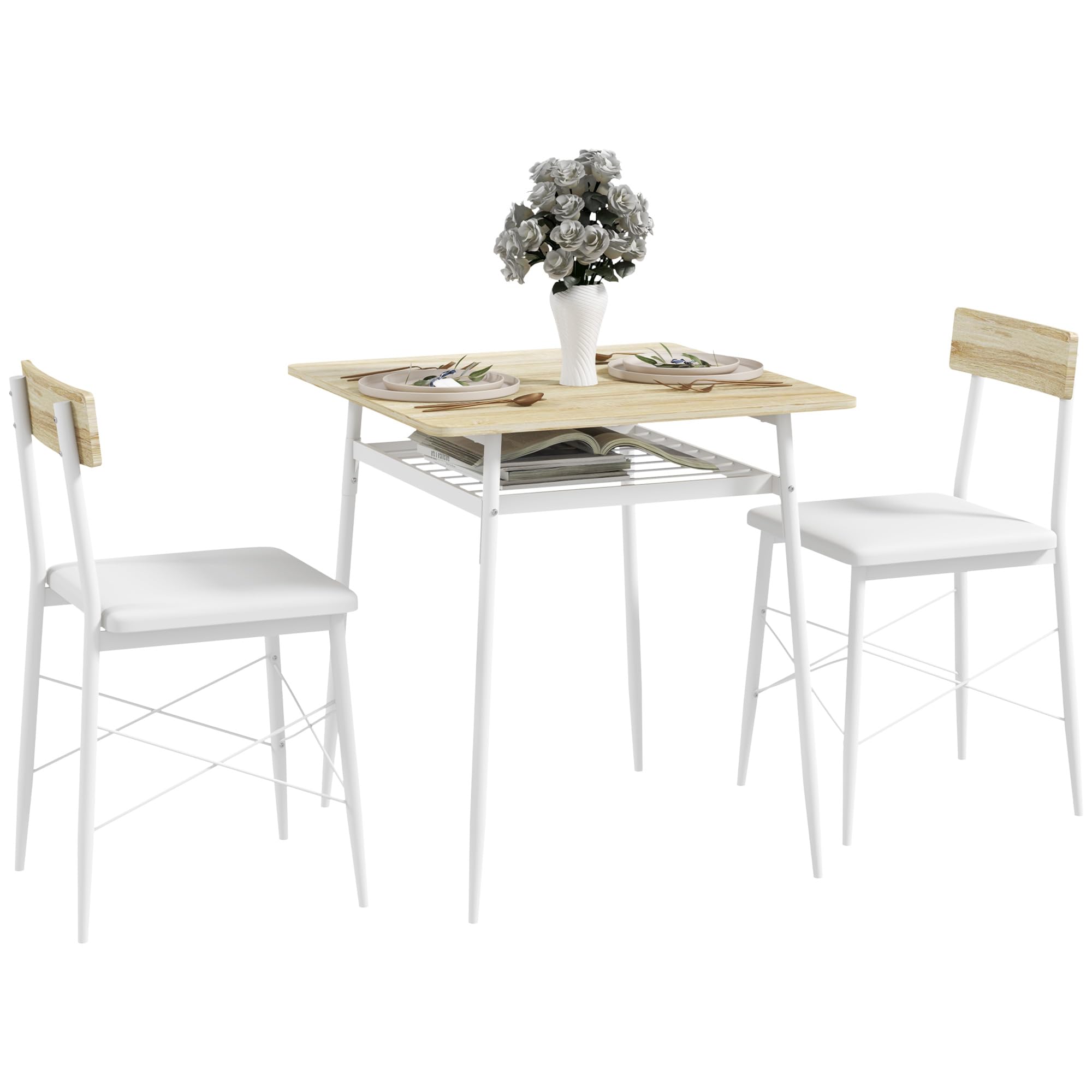 HOMCOM Ensemble Table et chaises, Table de Cuisine avec 2 chaises encastrables, Structure en Acier, pour Cuisine Salon Maison, Blanc et chêne