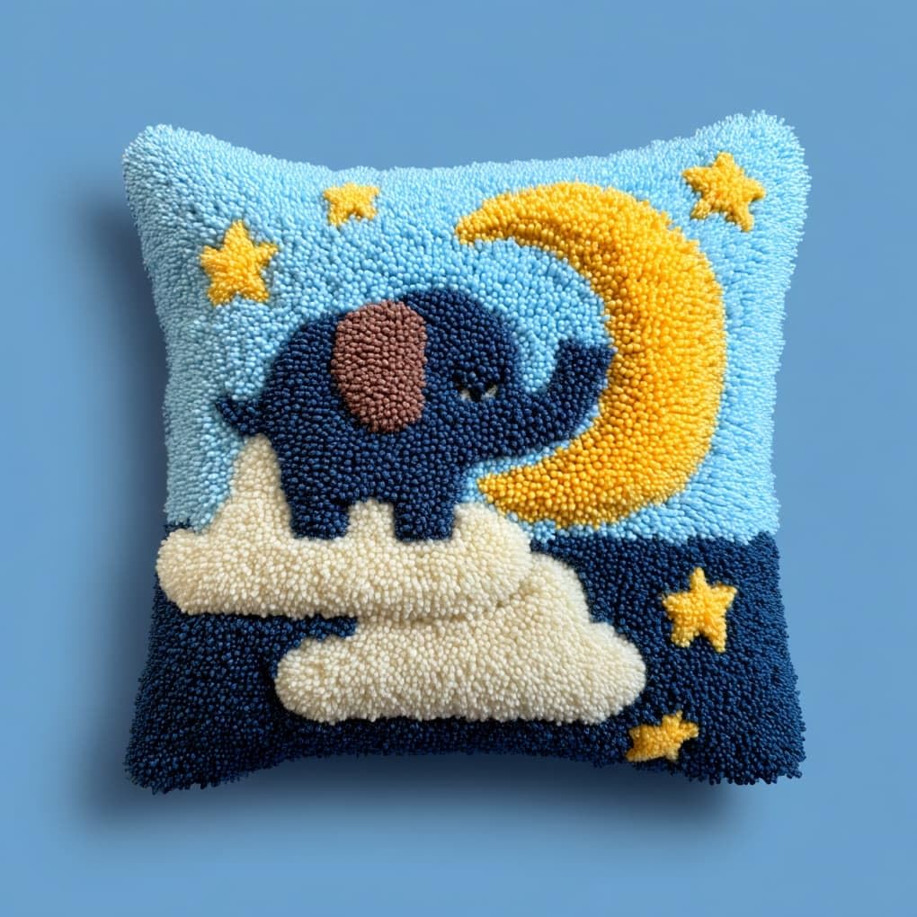 Henypt Latch Hook Pillow Kit 43x43cm,The Little Elephant on the Moon Embroidery Cushion Set for Home Interior,Relaxing Hobby for Adults & Craft Beginners