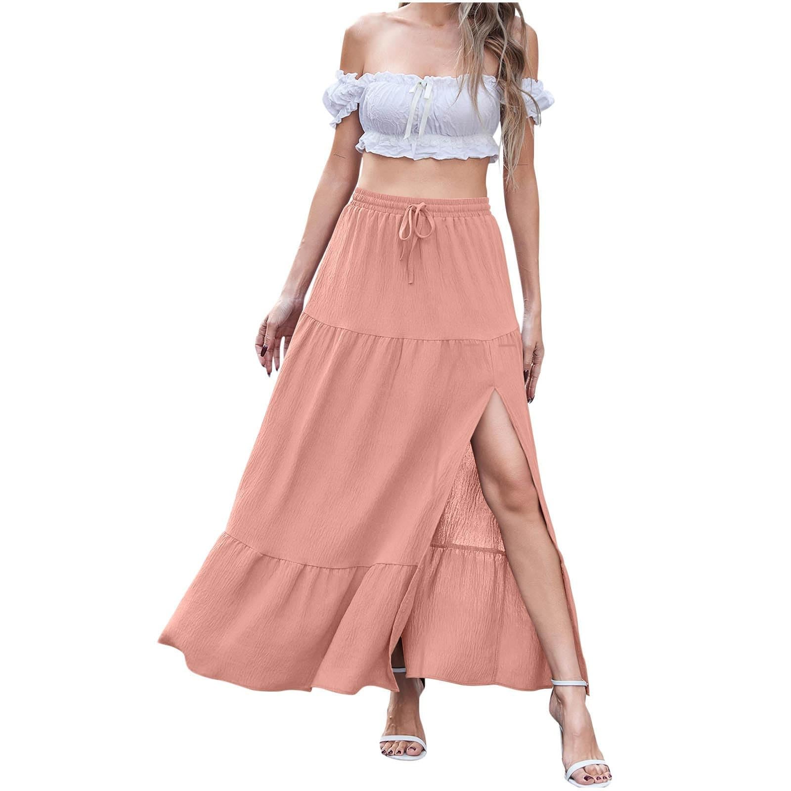 Womens Split Ruffle High Low Maxi Skirt Summer Casual Fashion Tiered Maxi Skirts High Waist Pleated Flowy Midi Skirt Pink