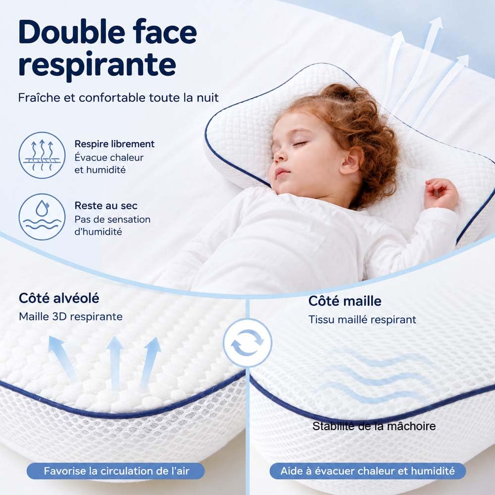 Oreiller Ergonomique Enfant,CôTéS Froids et Chauds,La Petite Nuit Enfant Oreiller,3 Hauteurs au Choix,Outien Lombaire 5 Zones,Adapté à Toutes Les Saisons, LéGer et Respirant (hauteur2-4cm)