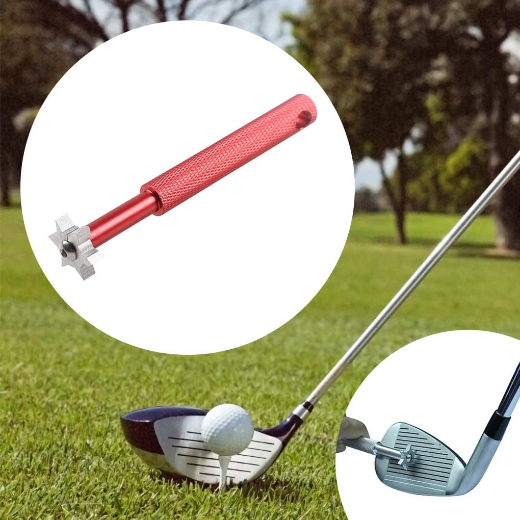 Golfrillenschärfer, Edelstahl, Aluminiumlegierung, Eisenkeil, 6 Köpfe, Reinigungs-Schärfwerkzeug, tragbar, Outdoor-Sport, Rot