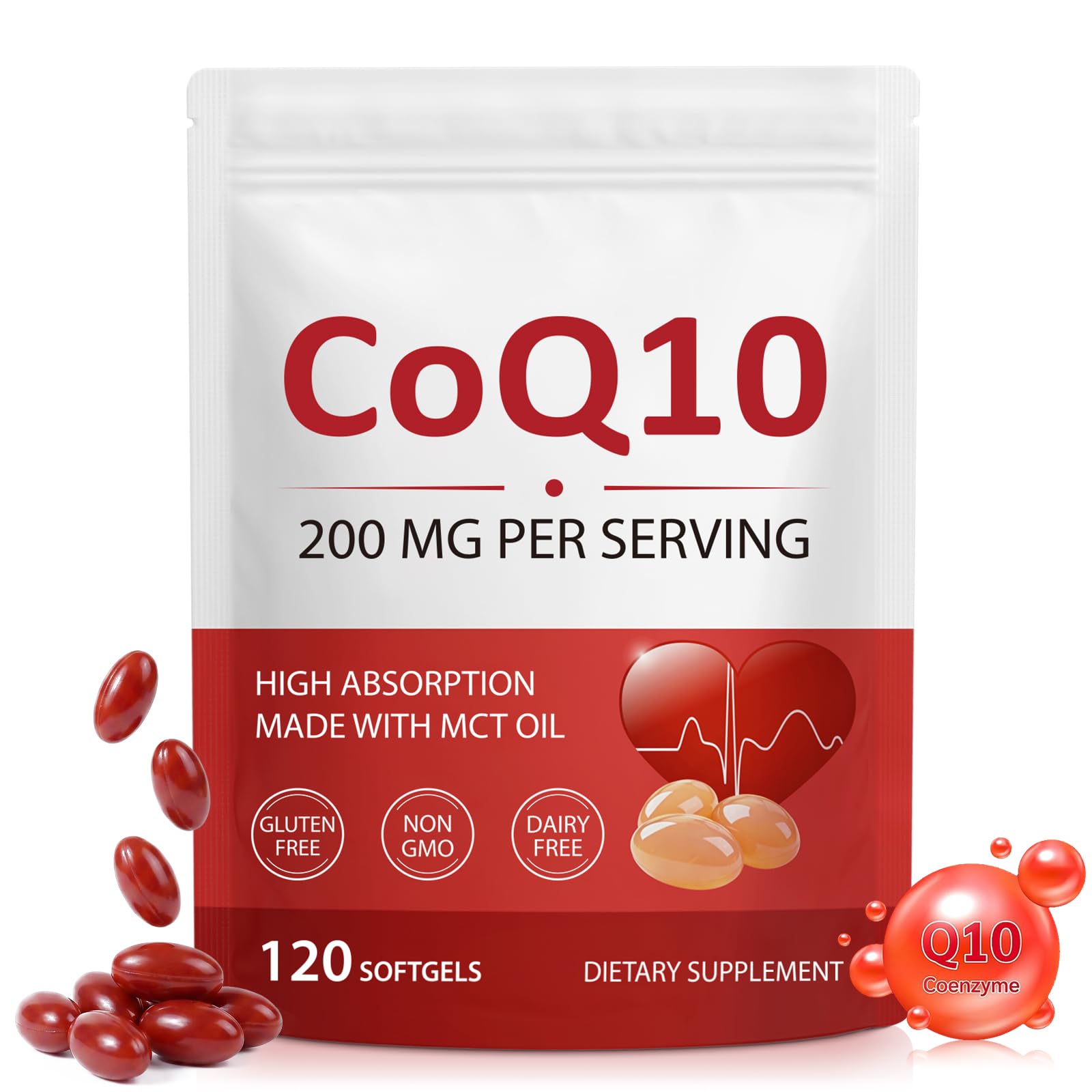 CoQ10 200mg Softgels,120 Servings |with Coconut MCT Oil | Coenzyme Q10 (Ubiquinone), High-Absorption,Antioxidant Support for Heart & Energy & Brain Health, Non-GMO,Gluten & Soy-Free