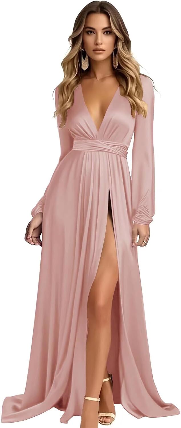 Long Sleeve Bridesmaid Dresses for Women Satin V-Neck Formal Dress Ruched Evening Party Gown with Slit