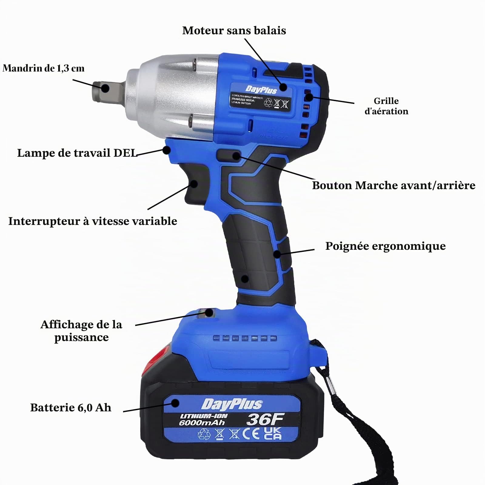 Clé à choc sans fil 21 V MAX pour réparation de voiture, pistolet à écrou de roue électrique 420 N.M à couple élevé, clé électrique sans fil avec 4 prises + 12 embouts de pilote + batterie 6,0 Ah