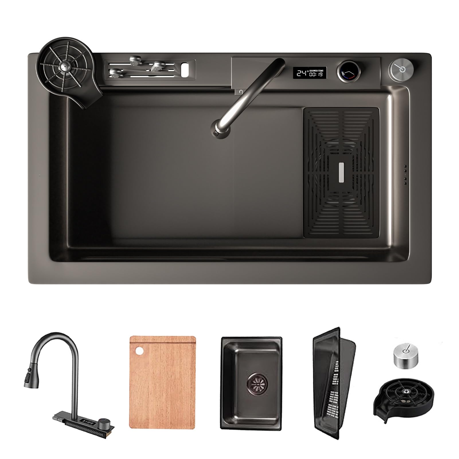 YADZISW 70cm Stainless Steel Workstation Kitchen Sink with Waterfall Faucet Nano Coated Digital Display Deep Single Bowl Multi Purpose Topmount (Black)