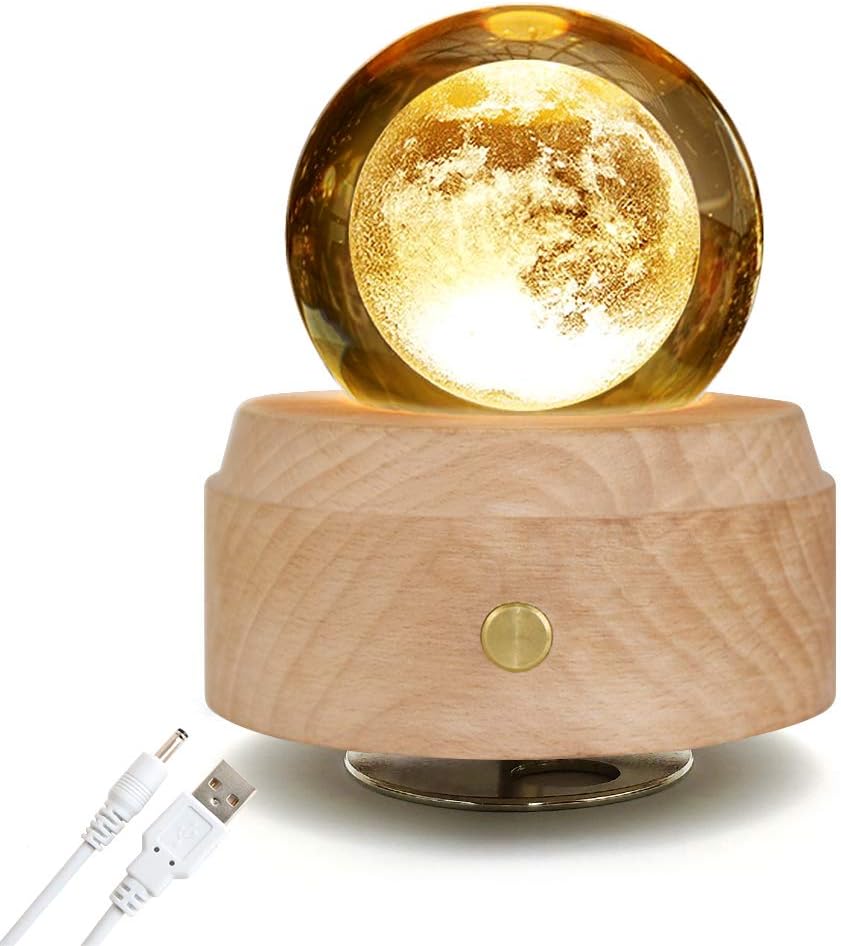 FastDeng Moon Lamp Music Box-3D Crystal Ball Wooden Base Dimmable Led Light with Warm White and Cool White, Rotatable Music Boxes for Girls, Christmas Decoration (Moon)