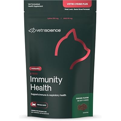 VetriScience Lysine Immunity Health Chews, 250 mg Immune Supplement for Cats and Kittens with Allergies, Sneezing, Runny Nose and Watery Eyes, Chicken, 90 Count
