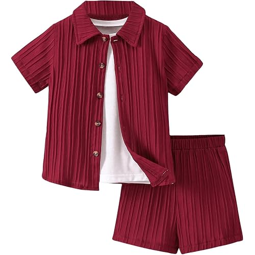 SweatyRocks Boy's 2 Piece Summer Vacation Outfits Short Sleeve Collar Button Down Shirt and Shorts Clothing Set