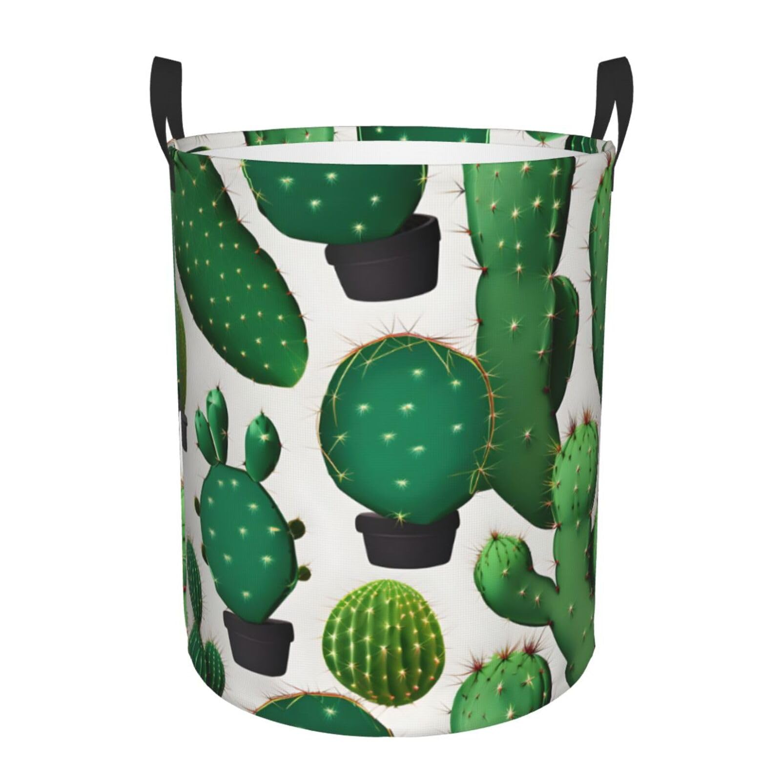 M Collapsible Laundry Hamper Round Green Cactus Print Storage