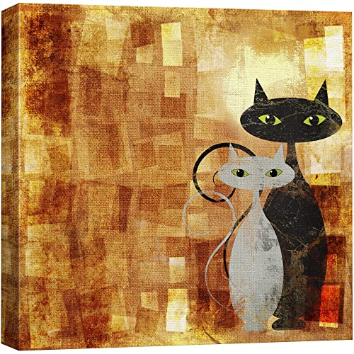 Wall26 - Canvas Prints Wall Art - Black And White Cat On Orange Grunge Canvas (Painting, Abstract, Cat) | Modern Wall Art Stretched Gallery Canvas Wrap Print. Ready To Hang 16" X 16" #TOP9