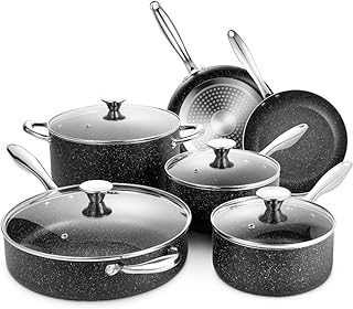 N++A Nonstick Cookware Set Induction, Pot & Pan Set 10 PCS, Deep Saucepan Stone Granite Non-Stick Coating, Suitable for All Stove Hobs, PFOA & BPA Free, Oven Safe, Black
