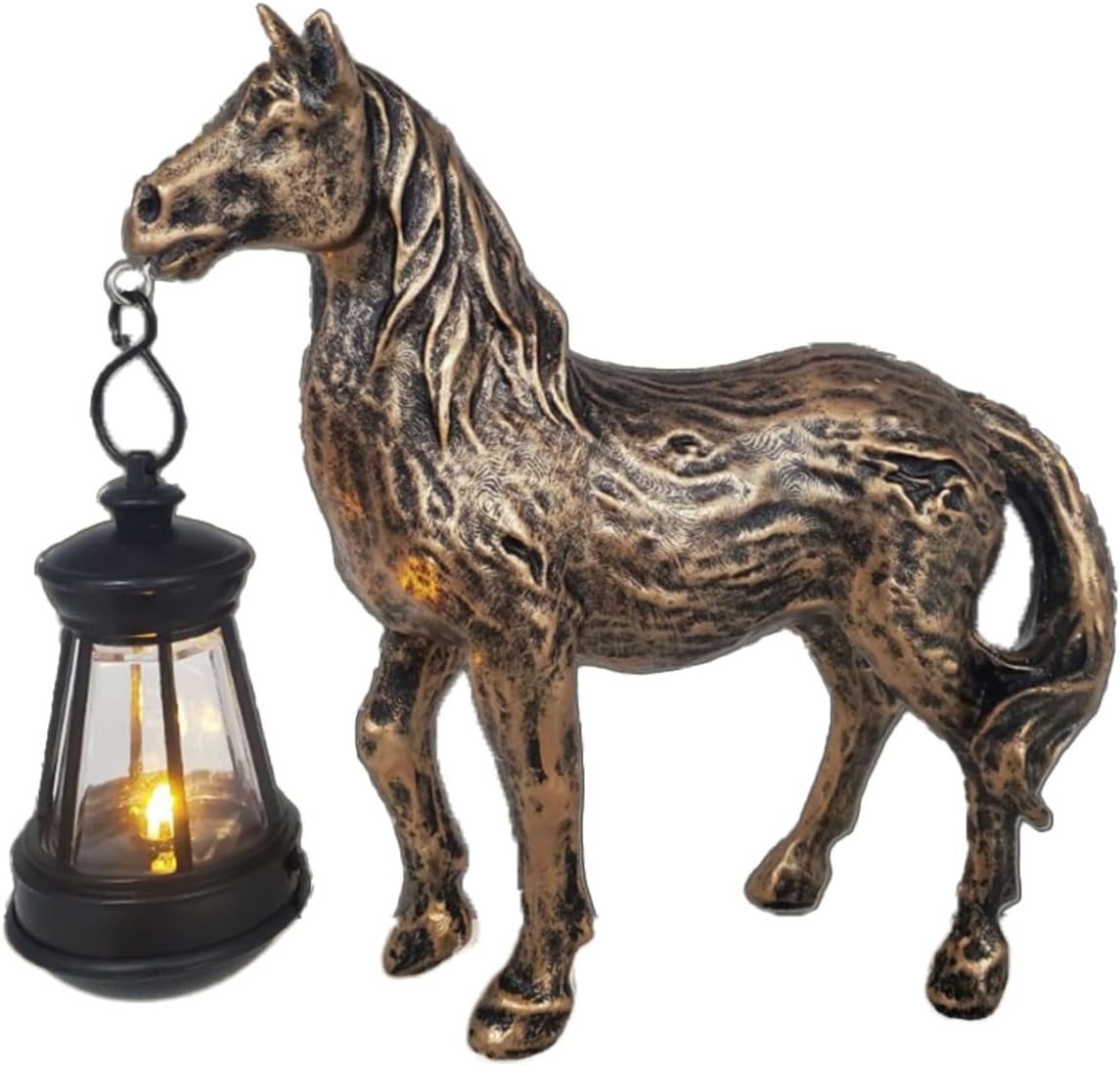 Solar Garden Horse Figurine with Lantern - Outdoor Farmhouse Statue, Whimsical Decor for Indoor Home - Housewarming Gift for Mom Grandma (Bronze)