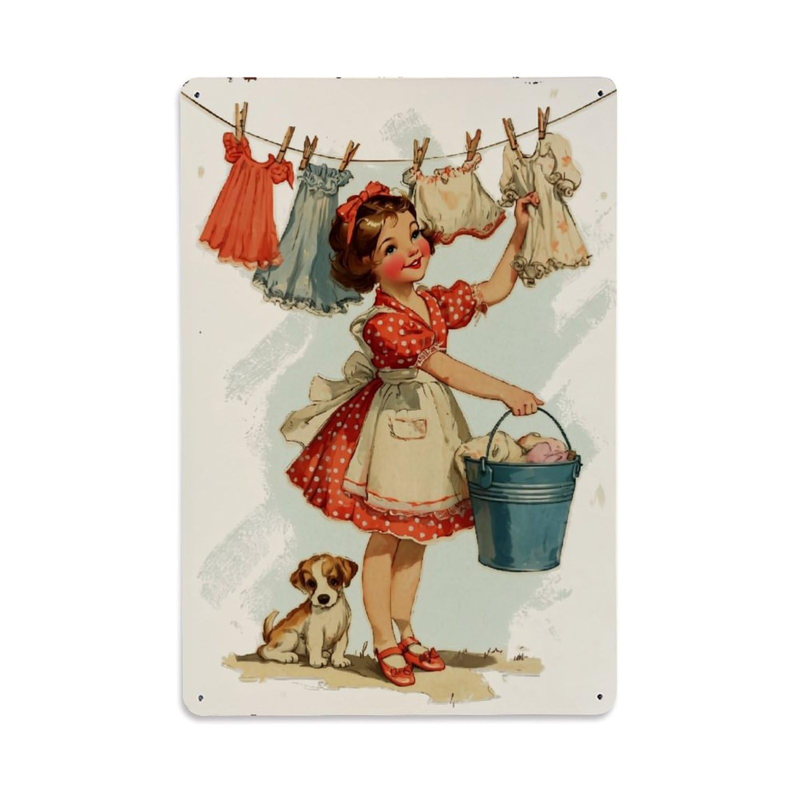 Red Polka Dot Dress Apron Dog Retro Metal Tin Sign, Vintage Decor Art Poster for Bar, Home, Man Cave, Kitchen, Laundry Room Gift 8x12Inch