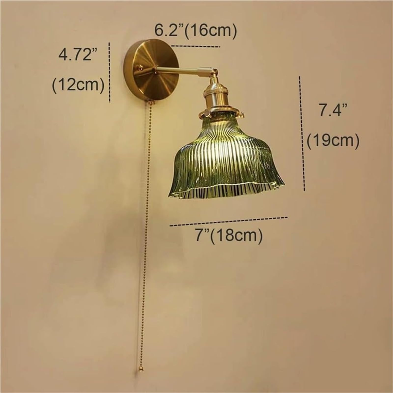 Générique Zielona szklana lampa ścienna w kształcie kwiatu - regulowane ramię z antycznego mosiądzu z łańcuszkiem, nowoczesna lampa wiejska do sypialni i salonu (zielona)