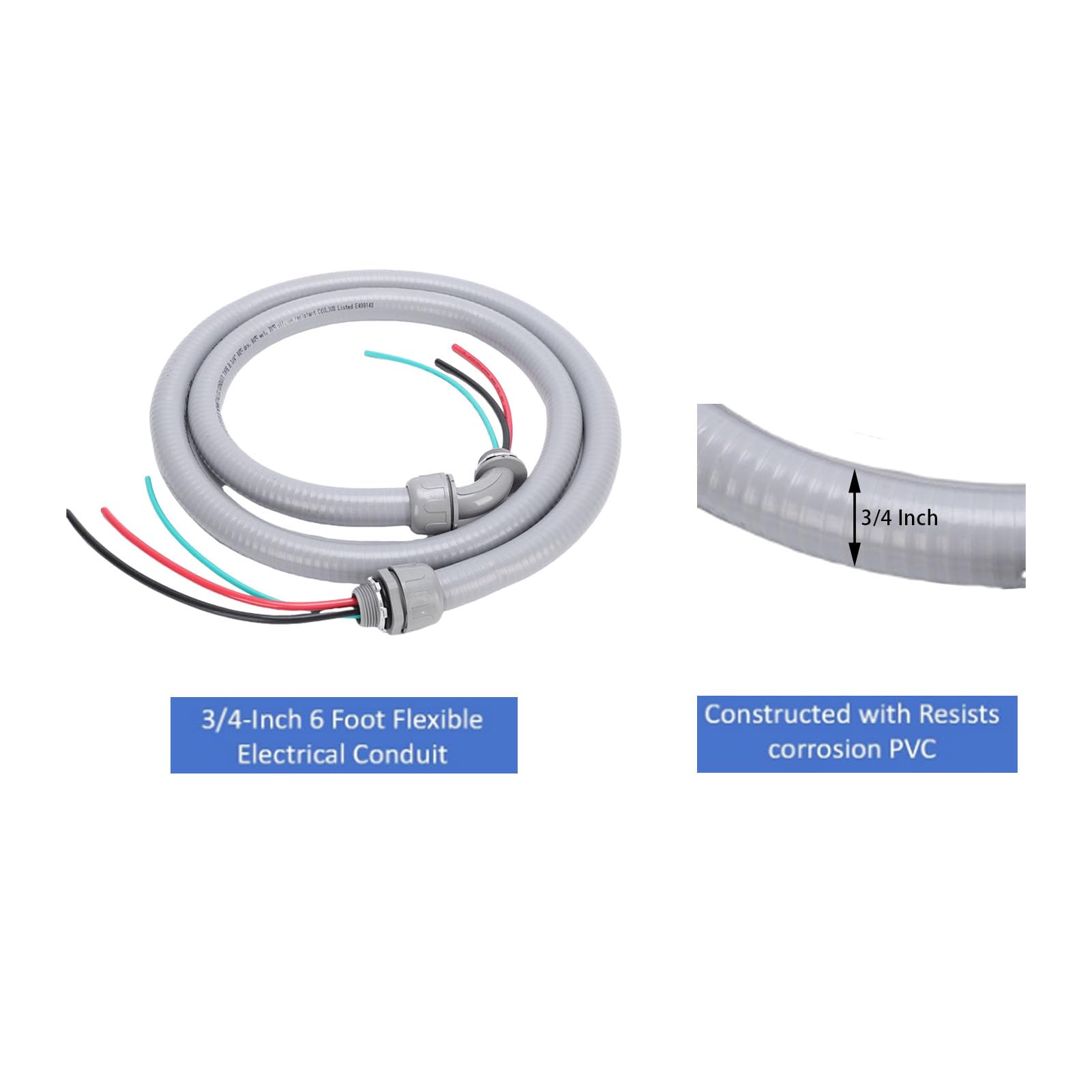 Brrnoo Conjunto de Látigo de Alimentación de Conducto Eléctrico Flexible, Hermético a Líquidos, No Metálico, de 3/4 pulg. X 6 Pies, con Cables Previamente Pelados y Tres Conductores