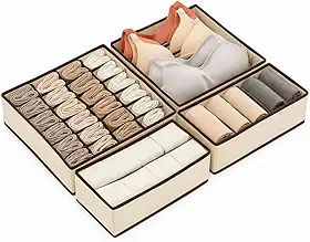 Kit 4 Organizadores de Gaveta com Divisórias – Para Cuecas, Meias, Sutiãs e Calcinhas – Caixas Dobráveis 20/7/8/6 Grid – Ideal para Guarda-Roupa e Armário (Bege)