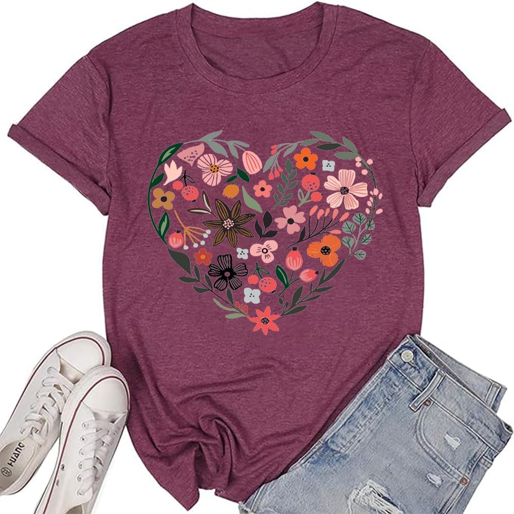 Flower Tshirts Shirts for Women Cute Dandelion Tshirt Casual Short Sleeve Wildflower Floral Heart Print Graphic Tee Tops