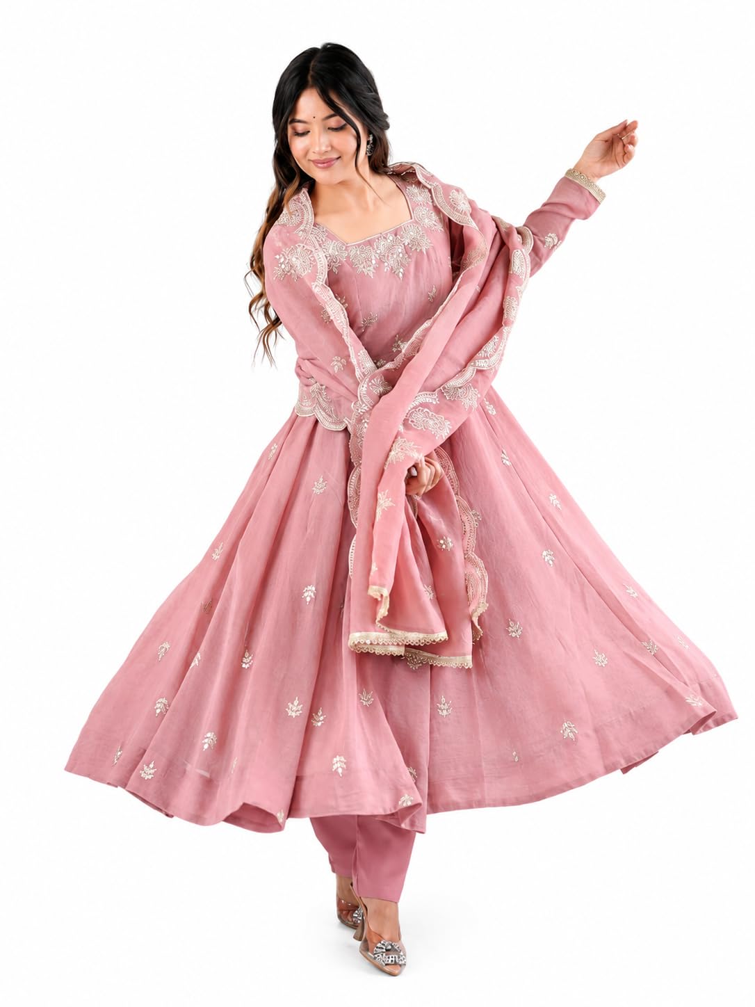 Generic Women's Silk Embroidered Anarkali Suit Set with Peach - Image 1