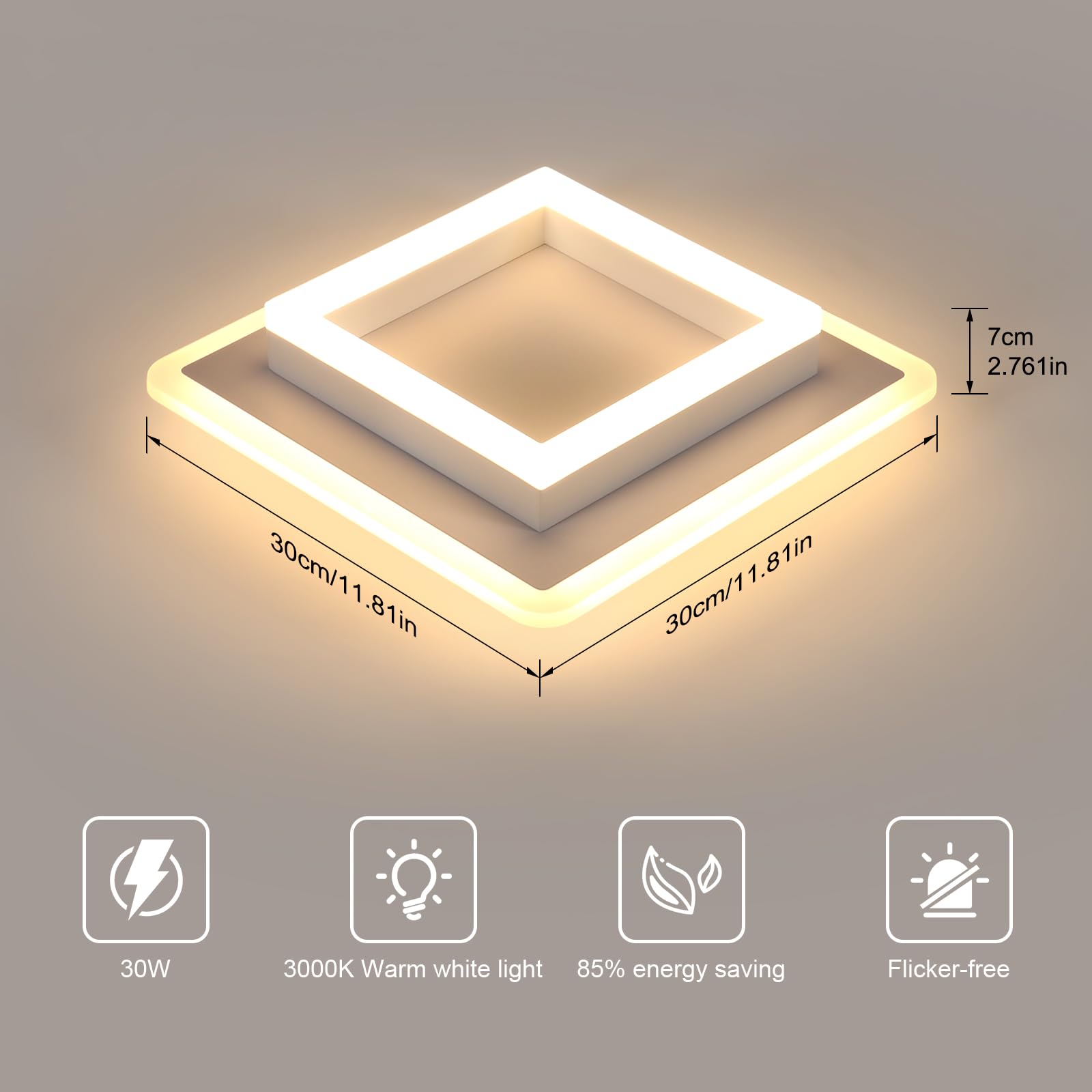 Plafoniera LED Soffitto Moderna, 30W 3375LM Lampada da Soffitto | Quadrata Bianca, Lampadario da Soffitto LED in Acrilico per Camera da letto Cucina Soggiorno, Luce Bianco Caldo 3000K, 30CM