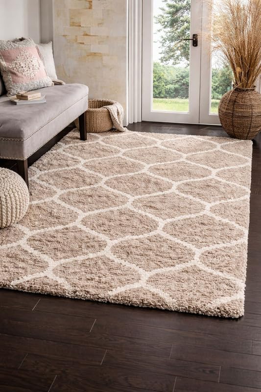 Image of Polyester Fluffy Fur Rugs & Modern Shaggy Floor Carpets for Living Room,Sofa Area,Hall,Kids Room,Guest Room | Elegent Bedside Runners for Besdroom(6X8 Feet Beige Mandir)