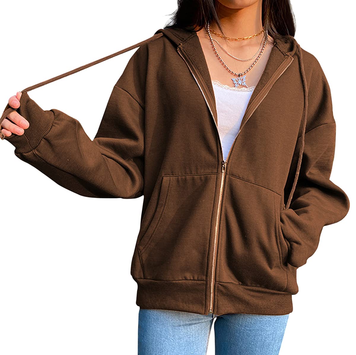 Meladyan Women Aesthetic Oversized Zip Up Hoodie Solid Fleece Long Sleeve Kangaroo Pocket Sweatshirt Jacket Pullover Brown