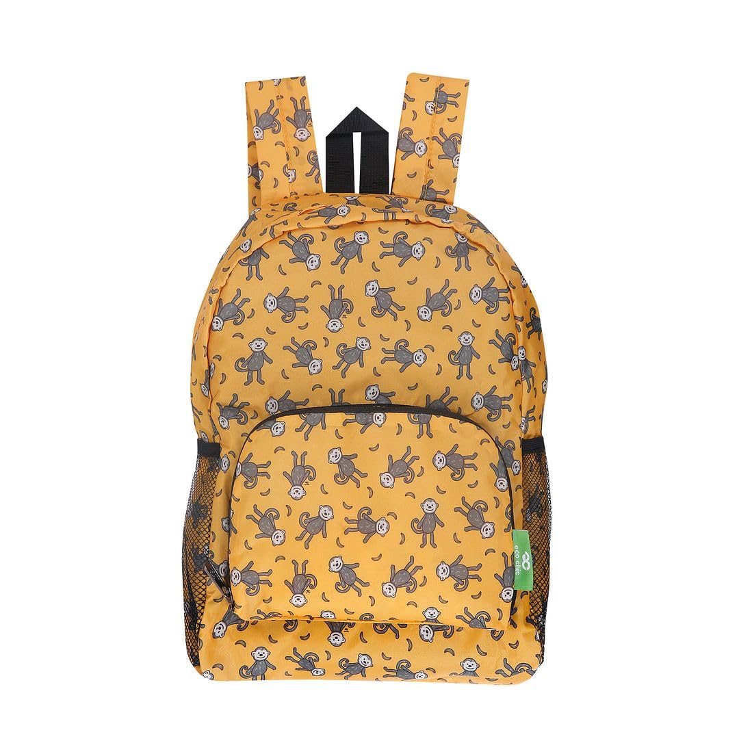 Eco Chic Lightweight Foldable Water Resistant Mini Backpack Folds Into Pouch for Storage (Monkeys Mustard)