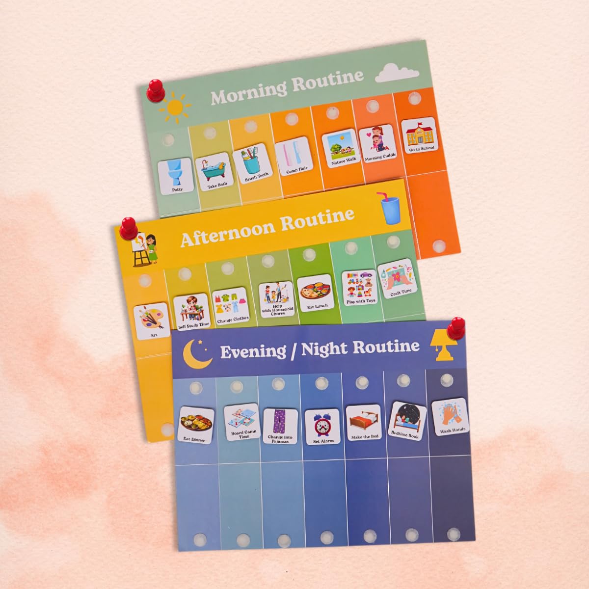 Little Minds at Work Daily Routine Chart for Kids Set of 3 | Morning, Afternoon & Night Routines | 50+ Visual Task Stickers with Velcro | Ages 3-8 | Reusable Done Flaps | Daily Responsibility Chart 1