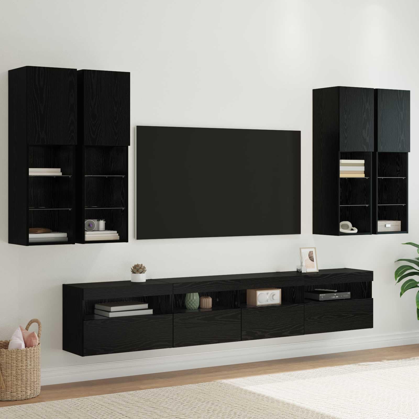 Juego de 7 armarios para TV con luces LED, aspecto de roble negro, 100 x 30 x 40 cm, diseño moderno para sala de estar, dormitorio