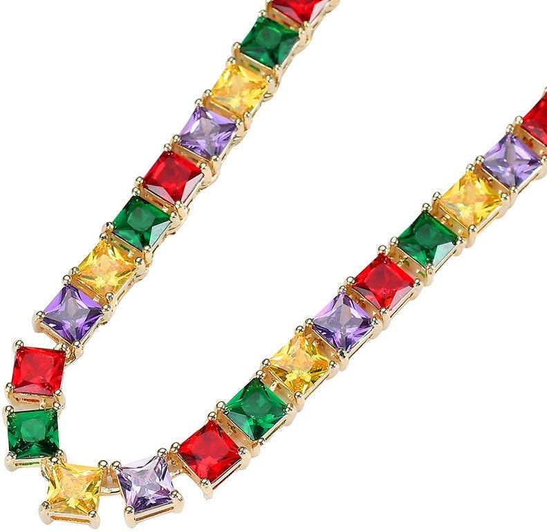 14K Gold Over S925 Micro-Inlaid Four-Color Square Moissanite Necklace, Hip-Hop Trendsetter Jewelry, Fashion Gift for Street Style Lovers