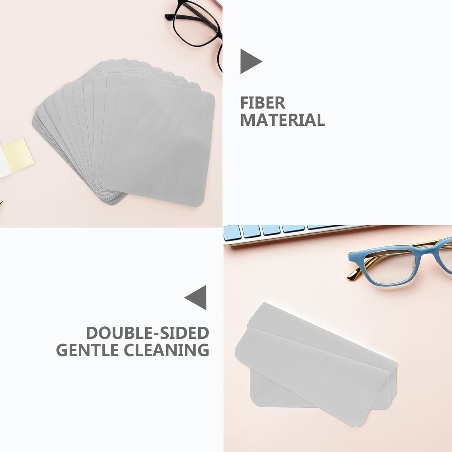 SECFOU 100pcs Microfiber Cleaning Cloths for Glasses and Camera Lenses, Double-Sided Plush Fiber, Light Gray, 6.7"x5.5" Eyeglass Wipes for Screens and Delicate Surfaces