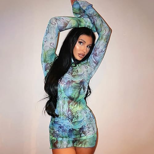 Abyovrt Women Going Out Dresses Party Club Y2K Mesh Dress Flared Long Sleeve Mock Neck Split Hem Floral Bodycon Mini Dress (A-Blue, S) #TOP2