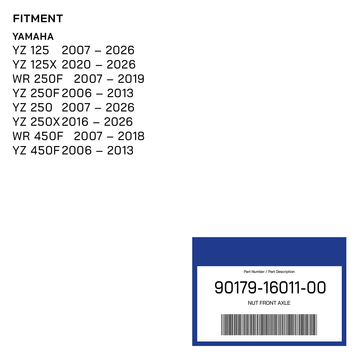Écrou d'essieu avant pour Yamaha YZ YZF WR 125/250/450 | Remplace OEM 90179-16011-00 | Écrou de roue avant de rechange