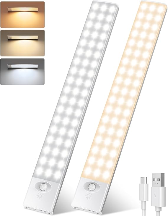 Luz LED con Sensor de Movimiento 108 LEDs 2000mAH, 32CM Magnética USB-C Recargable Luz con Sensor de Movimiento 3 Color 4 Modos Para Armario, Cocina, Escaleras, Pasillo, Habitacion-2 Piezas con descuento