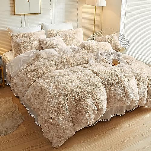 Michorinee Flauschige Winter Plüsch Bettwäsche 135x200 cm Tie‑Dye Beige – Ansicht 2