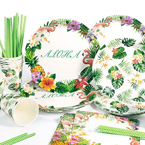 Yidaxing Flamingo Vaisselle de Table Vert, Vaisselle Hawaïenne de Fête Tropicales Assiette Carton Serviette en Papier Gobelet Paille pour Thème Flamant Baptême Hawaiian Tropicale Fournitures Fête