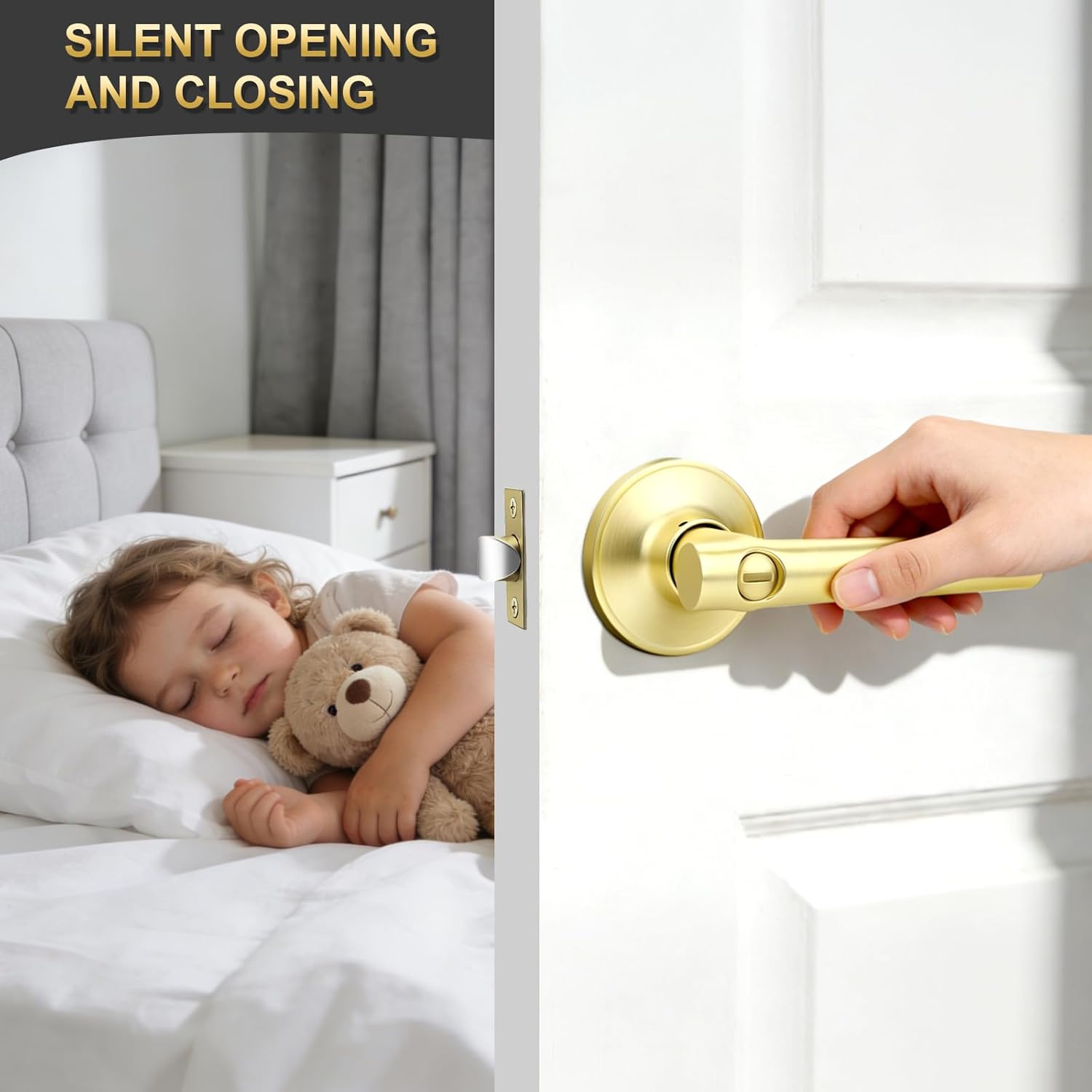 4 Pack Privacy Gold Door Handles, Keyless Interior Door Lever for Bedroom Bathroom, Heavy Duty Brushed Gold Door Handles Interior for Left Right Sided Doors, Brushed Brass Door Handle