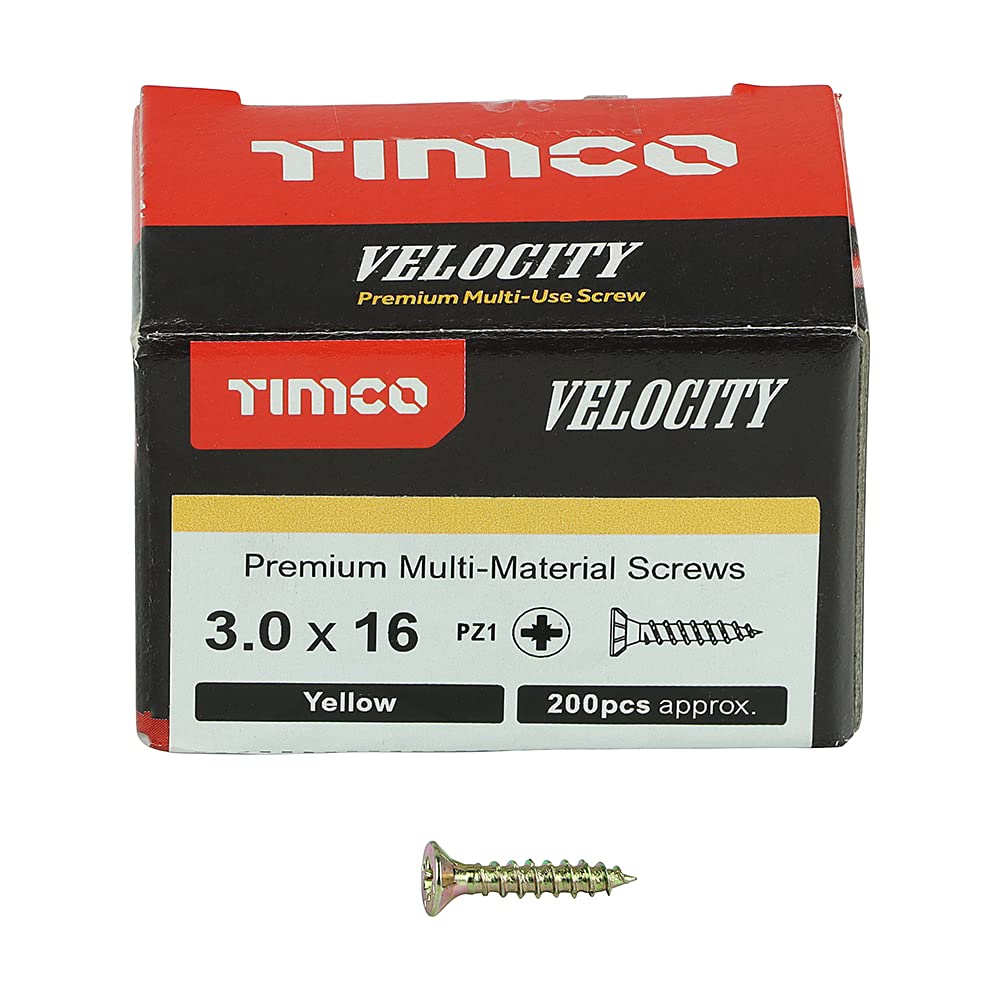 Timco Yellow 30016Vy Velocity Premium Multi-Use Screws - Pz - Double Countersunk - 3.0 X 16 Box 200