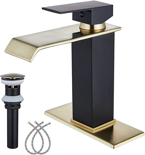 Miniatura 1 de Grifo de cascada para baño cepillado dorado negro lavabo grifos de lavabo de una sola manija 1 agujero con placa de cubierta, tapón de drenaje